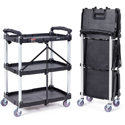 Foldable Utility Service Cart, 3 hyllor 165LBS Heavy Duty plastrullande vagn med låsbara hjul, ergonomiskt handtag, portabel garageverktygsvagn för lager/kontor/hem(25,62"x15,43"x32,76")
