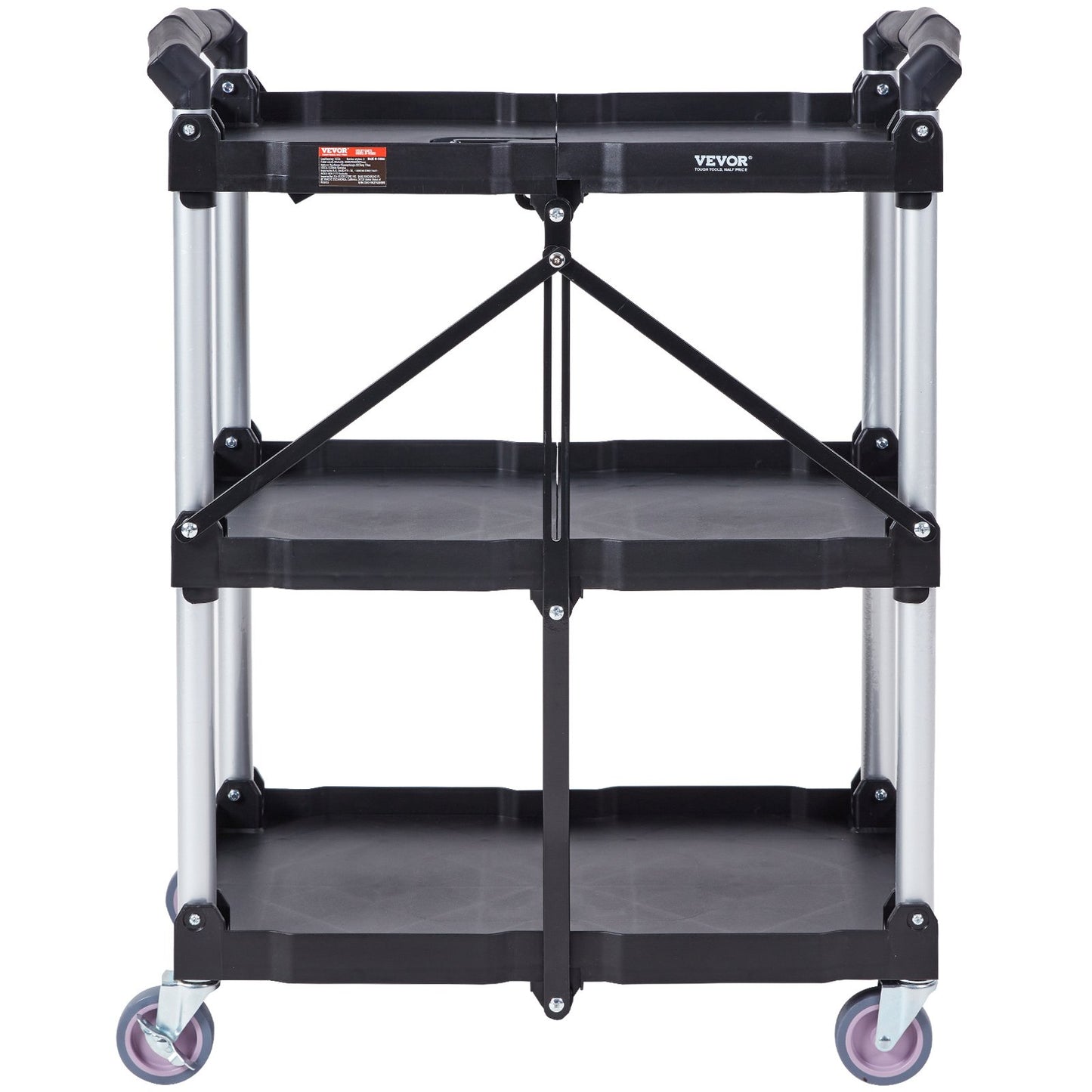 Foldable Utility Service Cart, 3 hyllor 165LBS Heavy Duty plastrullande vagn med låsbara hjul, ergonomiskt handtag, portabel garageverktygsvagn för lager/kontor/hem(25,62"x15,43"x32,76")