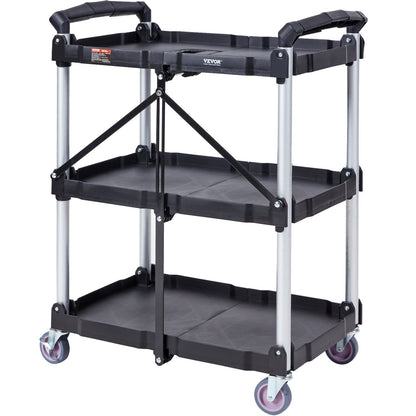 Foldable Utility Service Cart, 3 hyllor 165LBS Heavy Duty plastrullande vagn med låsbara hjul, ergonomiskt handtag, portabel garageverktygsvagn för lager/kontor/hem(25,62"x15,43"x32,76")