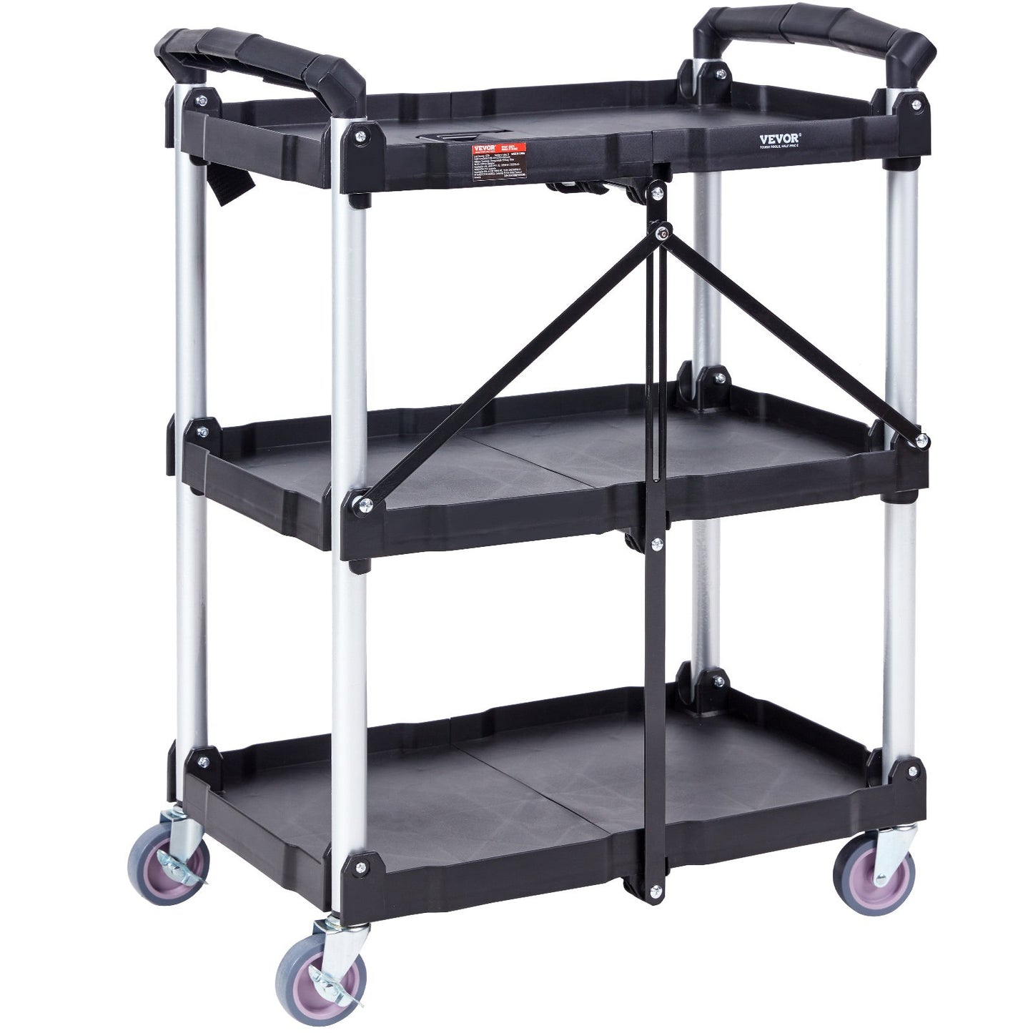 Foldable Utility Service Cart, 3 hyllor 165LBS Heavy Duty plastrullande vagn med låsbara hjul, ergonomiskt handtag, portabel garageverktygsvagn för lager/kontor/hem(25,62"x15,43"x32,76")