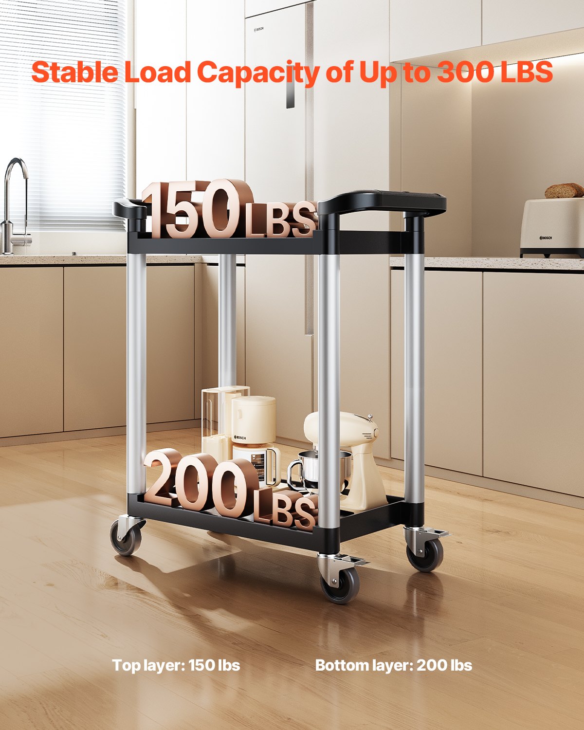 Heavy Duty Utility Cart 300 lbs Kapacitet 2-nivå servicevagn med hjul