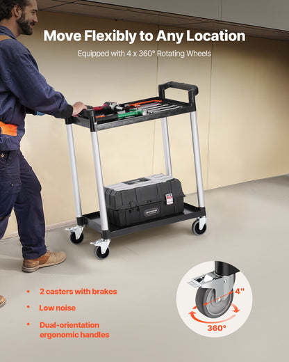 Heavy Duty Utility Cart 300 lbs Kapacitet 2-nivå servicevagn med hjul