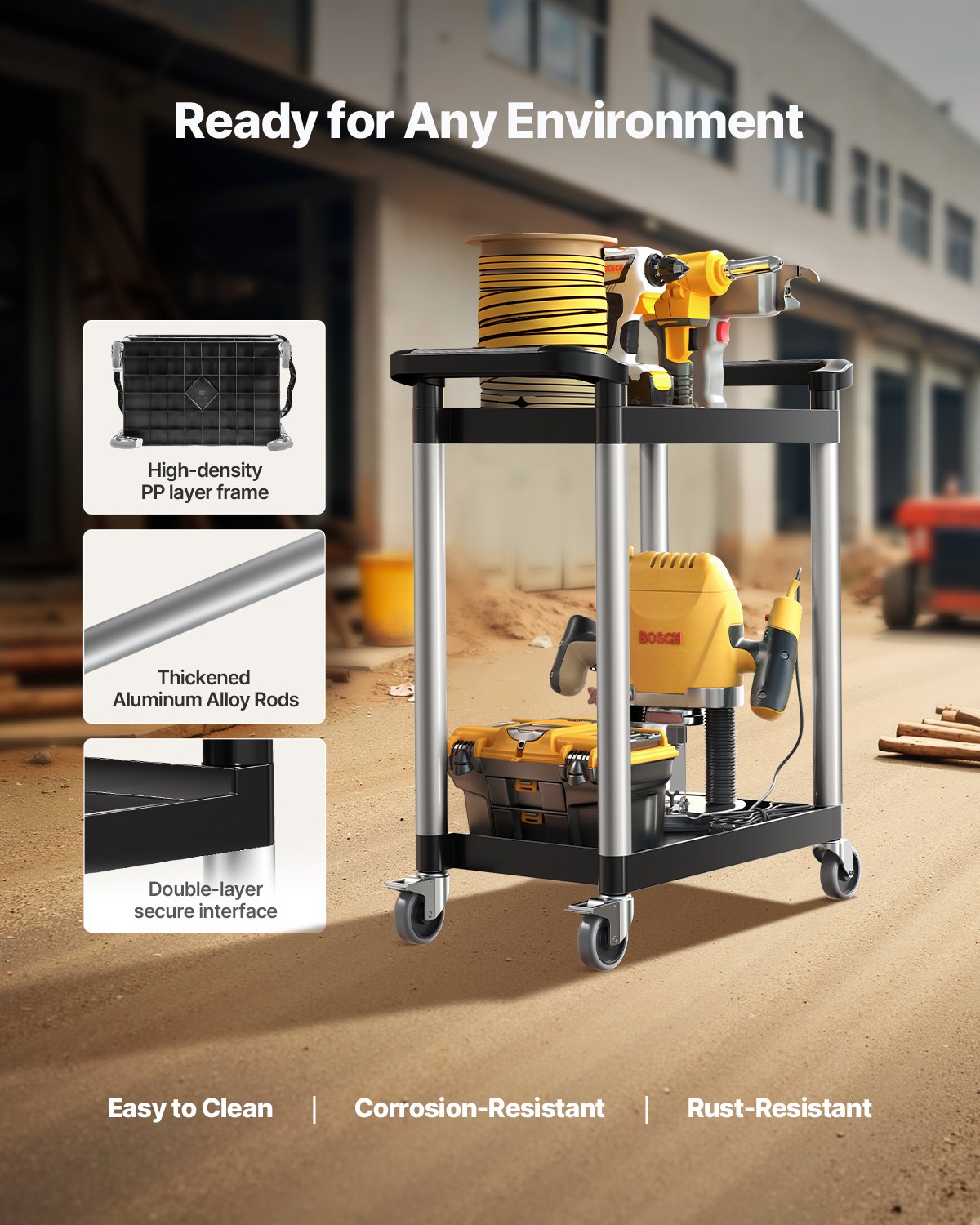 Heavy Duty Utility Cart 300 lbs Kapacitet 2-nivå servicevagn med hjul