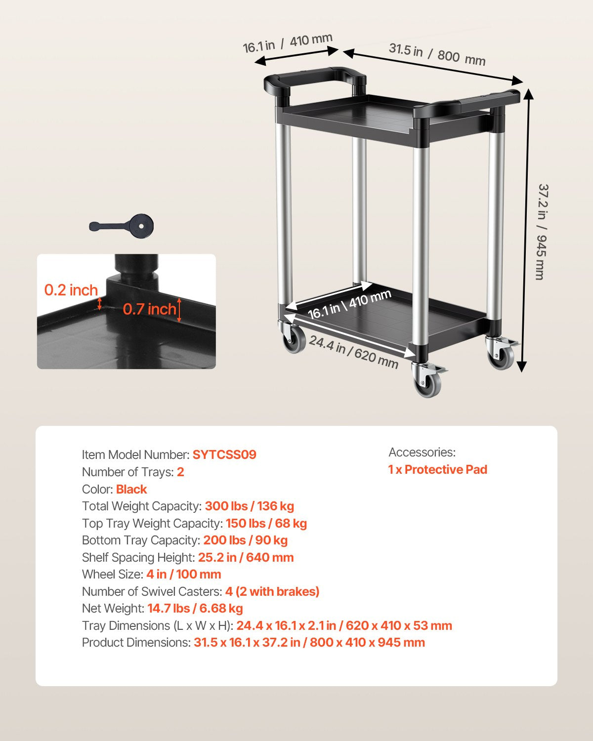 Heavy Duty Utility Cart 300 lbs Kapacitet 2-nivå servicevagn med hjul