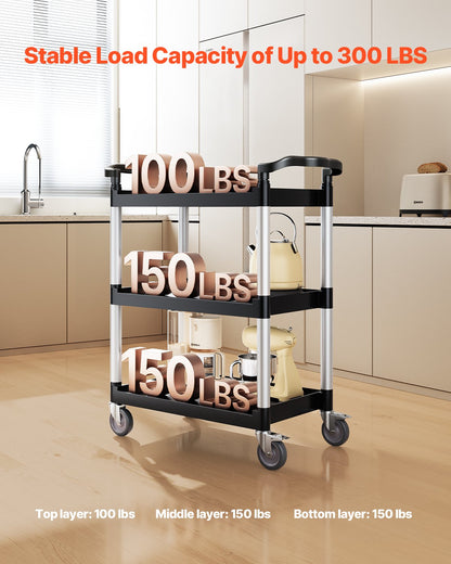 Heavy Duty Utility Cart 300 lbs Kapacitet 3-lagers servicevagn med hjul