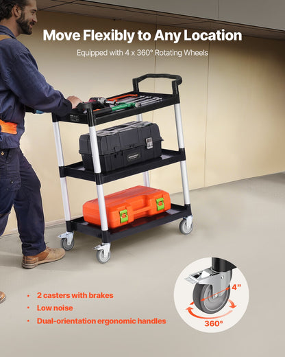 Heavy Duty Utility Cart 300 lbs Kapacitet 3-lagers servicevagn med hjul
