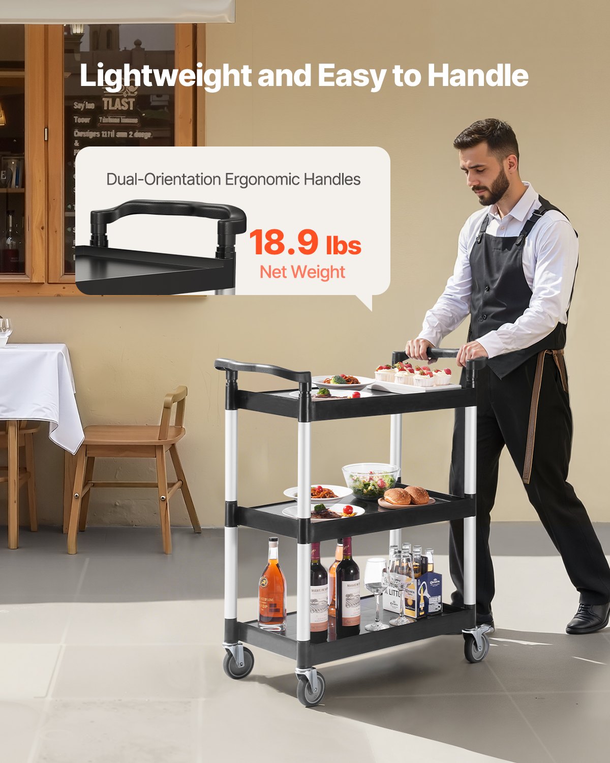 Heavy Duty Utility Cart 300 lbs Kapacitet 3-lagers servicevagn med hjul