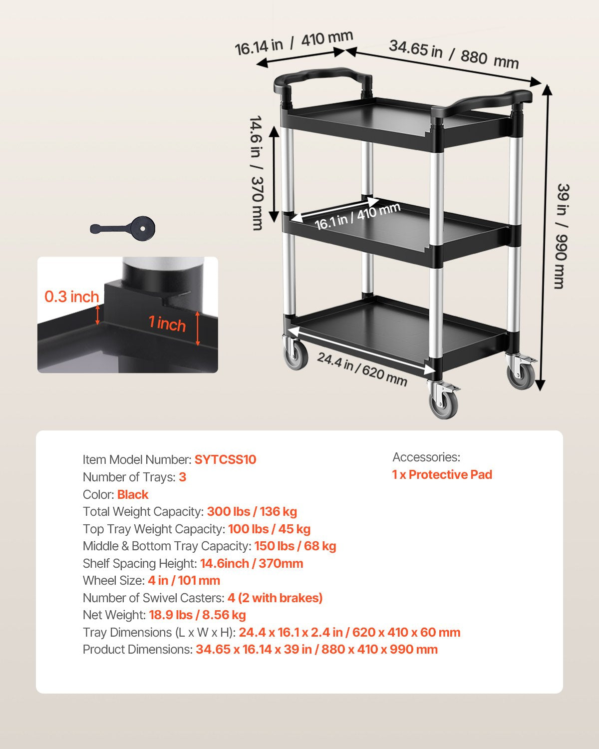 Heavy Duty Utility Cart 300 lbs Kapacitet 3-lagers servicevagn med hjul