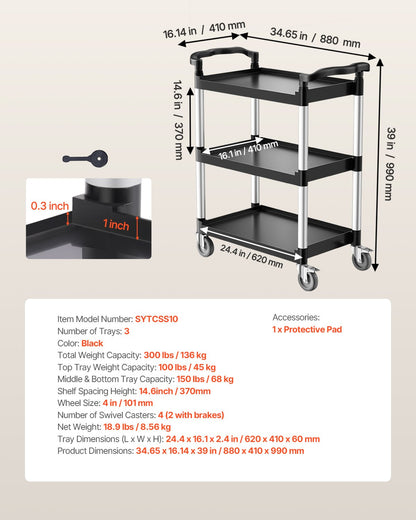 Heavy Duty Utility Cart 300 lbs Kapacitet 3-lagers servicevagn med hjul