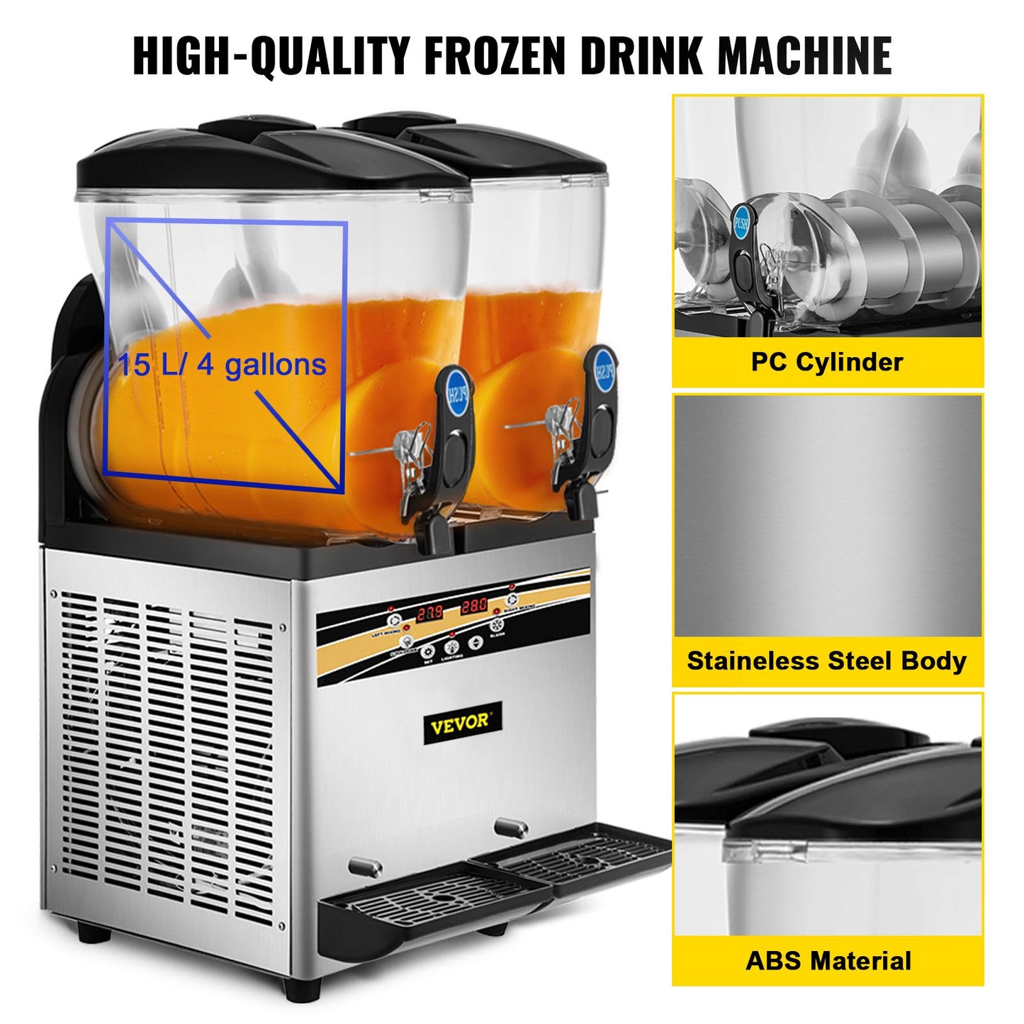 Slush Frozen Drink Machine, 2x15L Tank Commercial Margarita Machine, 890W Stainless Steel Margarita Slush Maker, Temperature Slush 25°F to 30°F Drink Maker, Perfect for Restaurants Cafes Bars
