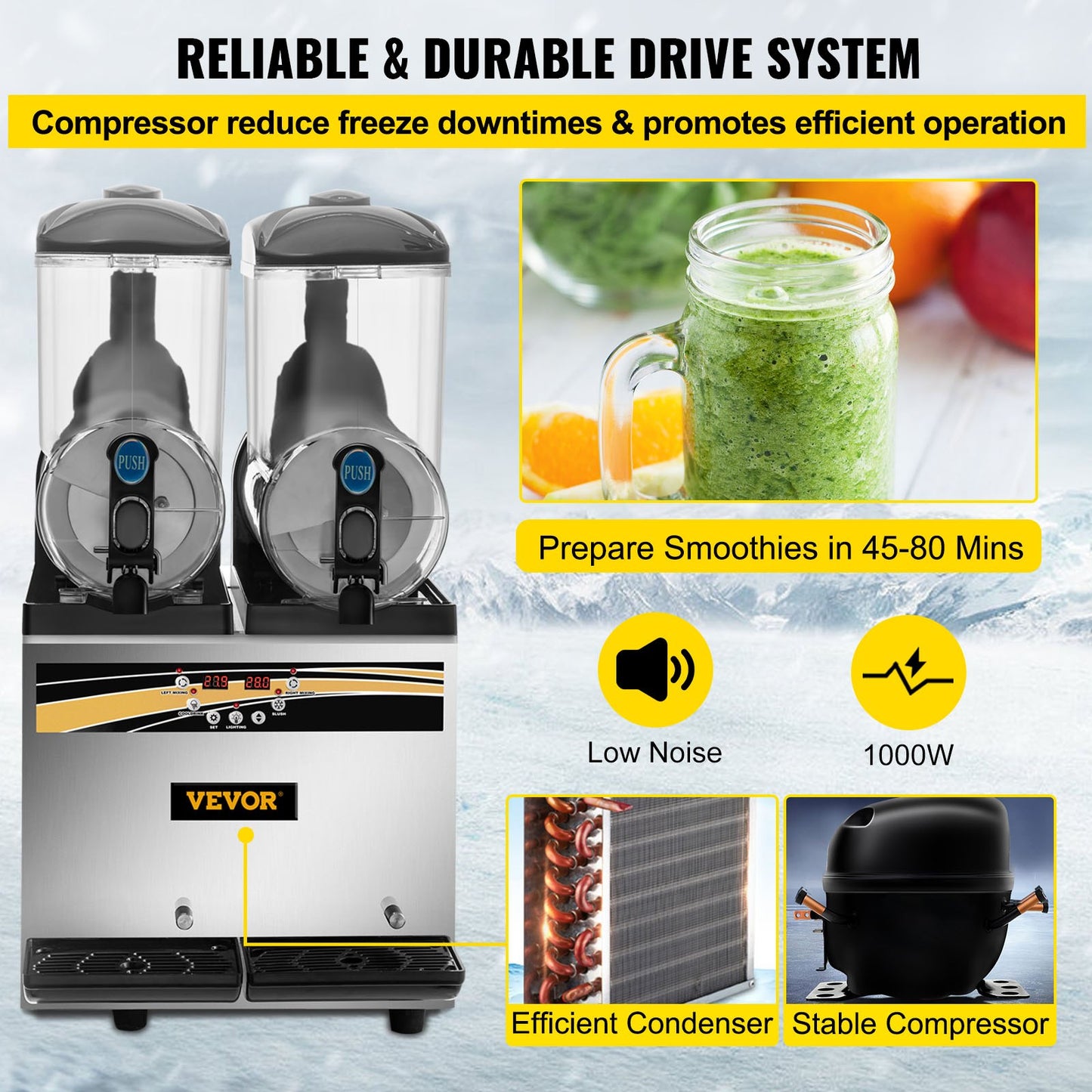 Slush Frozen Drink Machine, 2x15L Tank Commercial Margarita Machine, 890W Stainless Steel Margarita Slush Maker, Temperature Slush 25°F to 30°F Drink Maker, Perfect for Restaurants Cafes Bars