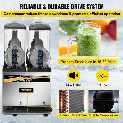 Slush Frozen Drink Machine, 2x15L Tank Commercial Margarita Machine, 890W Stainless Steel Margarita Slush Maker, Temperature Slush 25°F to 30°F Drink Maker, Perfect for Restaurants Cafes Bars