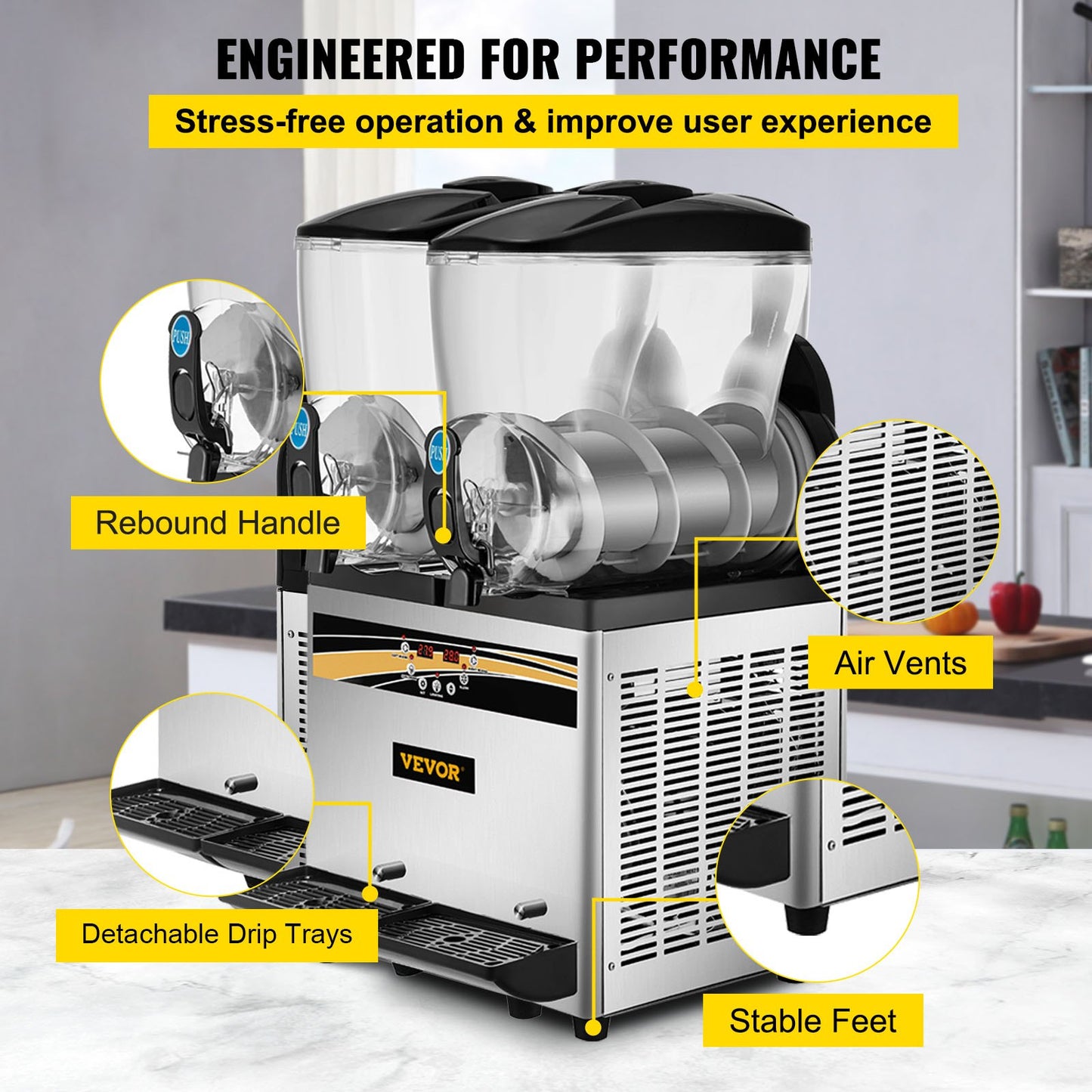 Slush Frozen Drink Machine, 2x15L Tank Commercial Margarita Machine, 890W Stainless Steel Margarita Slush Maker, Temperature Slush 25°F to 30°F Drink Maker, Perfect for Restaurants Cafes Bars