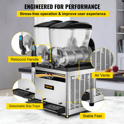 Slush Frozen Drink Machine, 2x15L Tank Commercial Margarita Machine, 890W Stainless Steel Margarita Slush Maker, Temperature Slush 25°F to 30°F Drink Maker, Perfect for Restaurants Cafes Bars