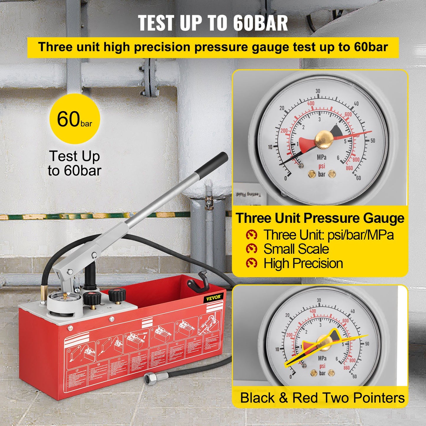 Hydrostatisk trycktestpump, test upp till 60 bar/860 psi, 3,2 gallon tank, hydraulisk manuell vattentryckstestsats med tre-enhetsmätare och R 1/2"-anslutning för provning av rörledningsvätsketryck