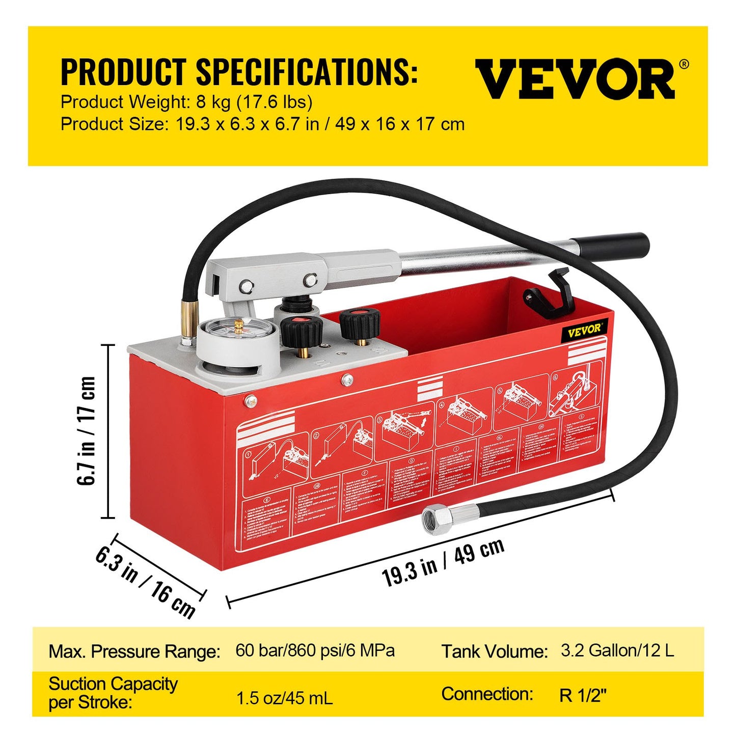 Hydrostatisk trycktestpump, test upp till 60 bar/860 psi, 3,2 gallon tank, hydraulisk manuell vattentryckstestsats med tre-enhetsmätare och R 1/2"-anslutning för provning av rörledningsvätsketryck