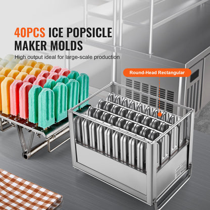 Kommersiella popsicle-formar, 40-st runda ispop-formar med dubbla spår, rostfria ispinnar Popsicle-formar, Ice Cream Maker-formhållare med 50-ST Popsicle-pinnar och påsar