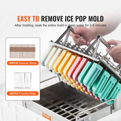 Kommersiella popsicle-formar, 40-st runda ispop-formar med dubbla spår, rostfria ispinnar Popsicle-formar, Ice Cream Maker-formhållare med 50-ST Popsicle-pinnar och påsar