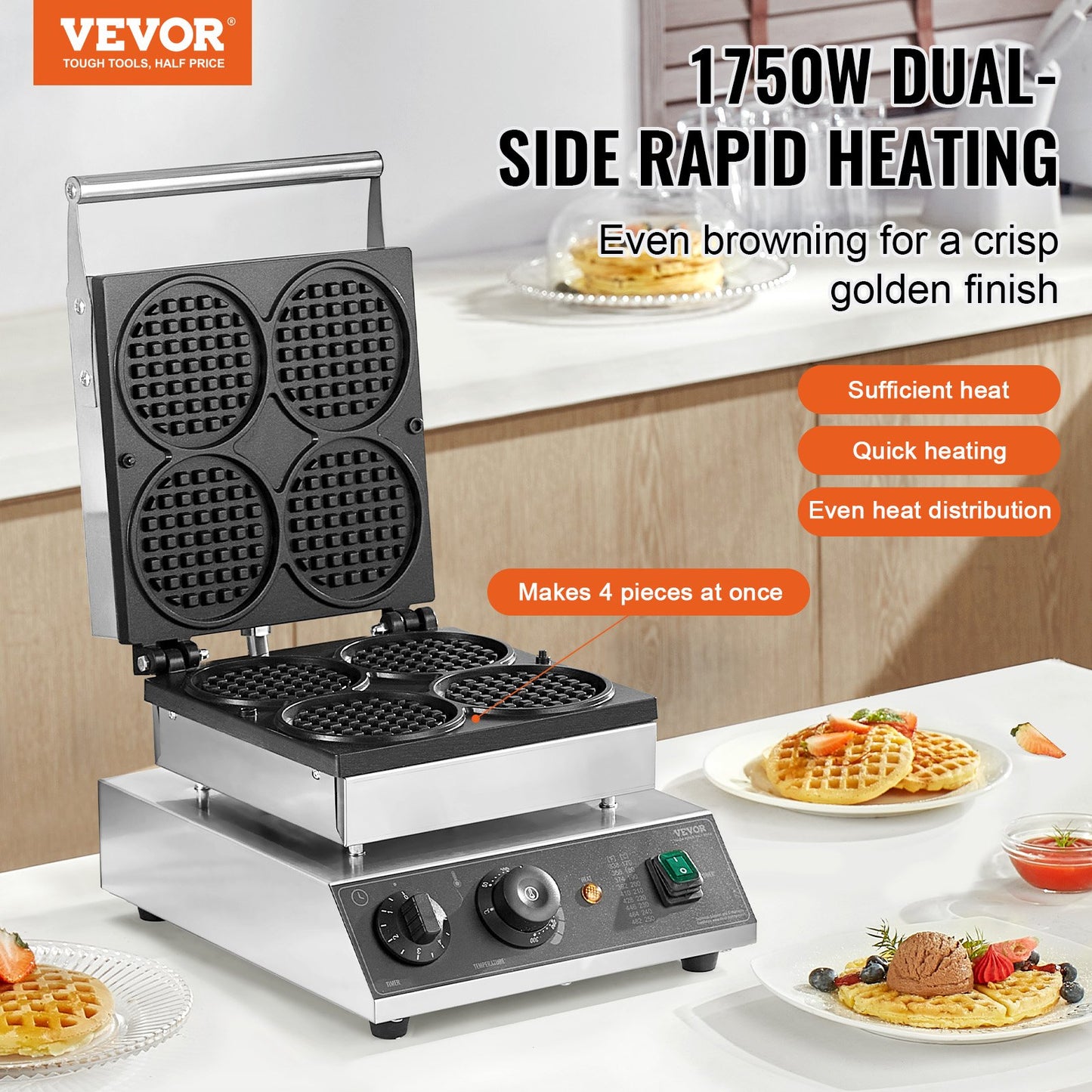 4ST Kommersiell våffelmaskin Rund våffeljärnsmaskin 1750W non-stick