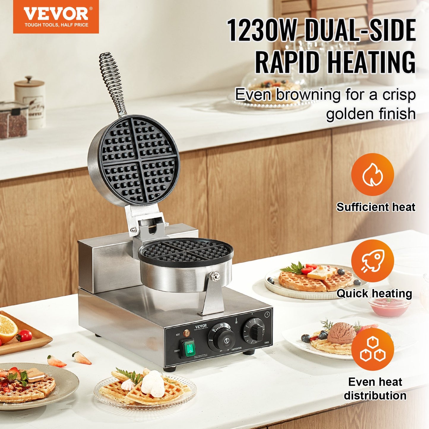 Kommersiell våffelmaskin Rund våffeljärn bakmaskin non-stick 1230W