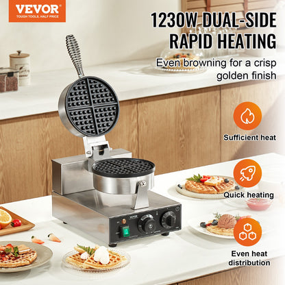 Kommersiell våffelmaskin Rund våffeljärn bakmaskin non-stick 1230W