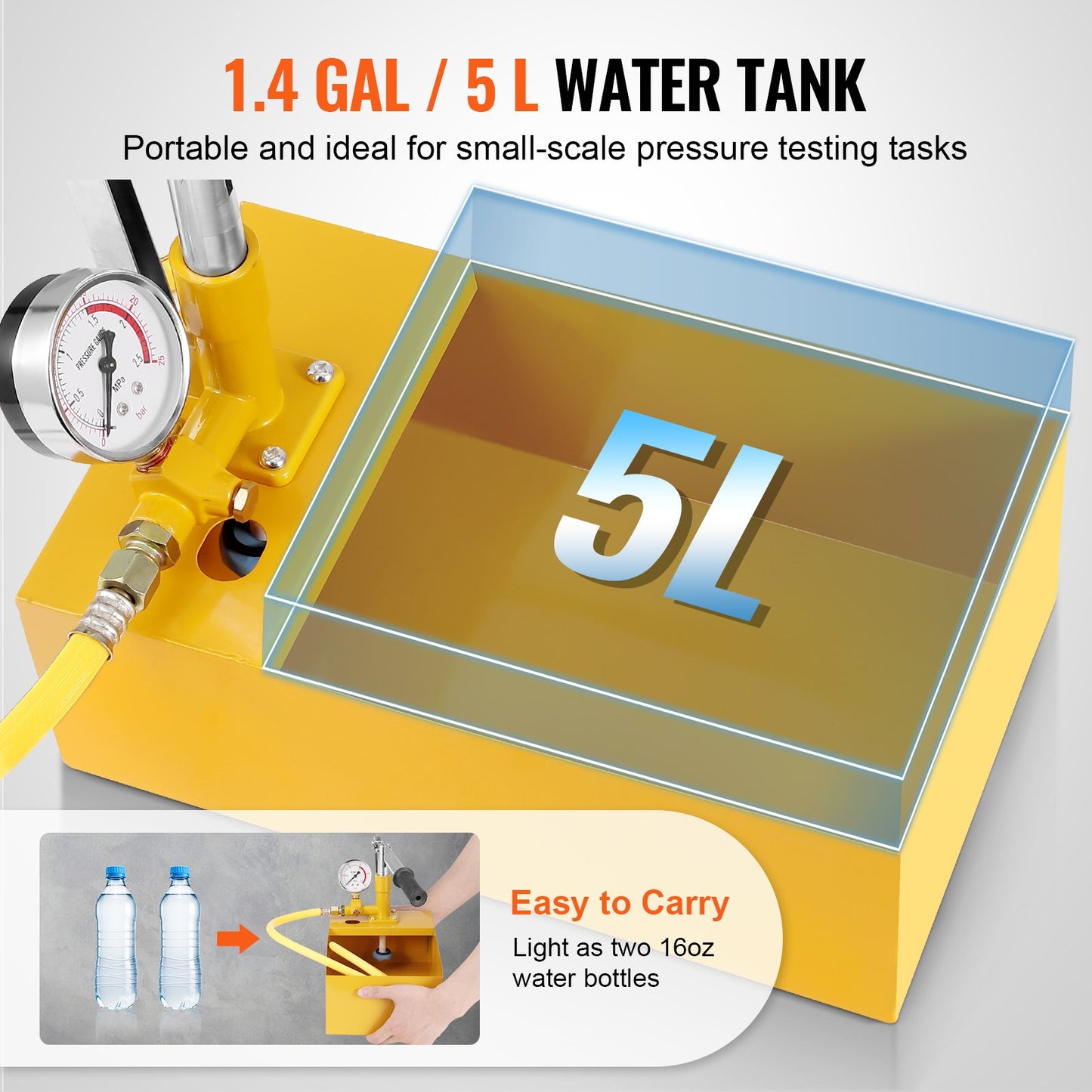 Hydrostatic test pump, max 25 bar/362 PSI, single valve hydraulic manual water pressure test kit with gauge 5 L water tank, 1 m hose with 1.27 cm external thread connection for pipeline