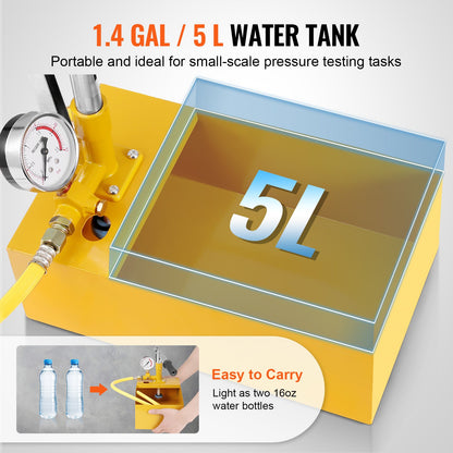 Hydrostatic test pump, max 25 bar/362 PSI, single valve hydraulic manual water pressure test kit with gauge 5 L water tank, 1 m hose with 1.27 cm external thread connection for pipeline