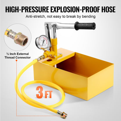 Hydrostatic test pump, max 25 bar/362 PSI, single valve hydraulic manual water pressure test kit with gauge 5 L water tank, 1 m hose with 1.27 cm external thread connection for pipeline