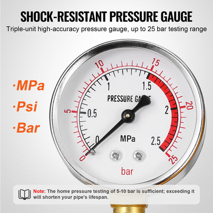 Hydrostatic test pump, max 25 bar/362 PSI, single valve hydraulic manual water pressure test kit with gauge 5 L water tank, 1 m hose with 1.27 cm external thread connection for pipeline
