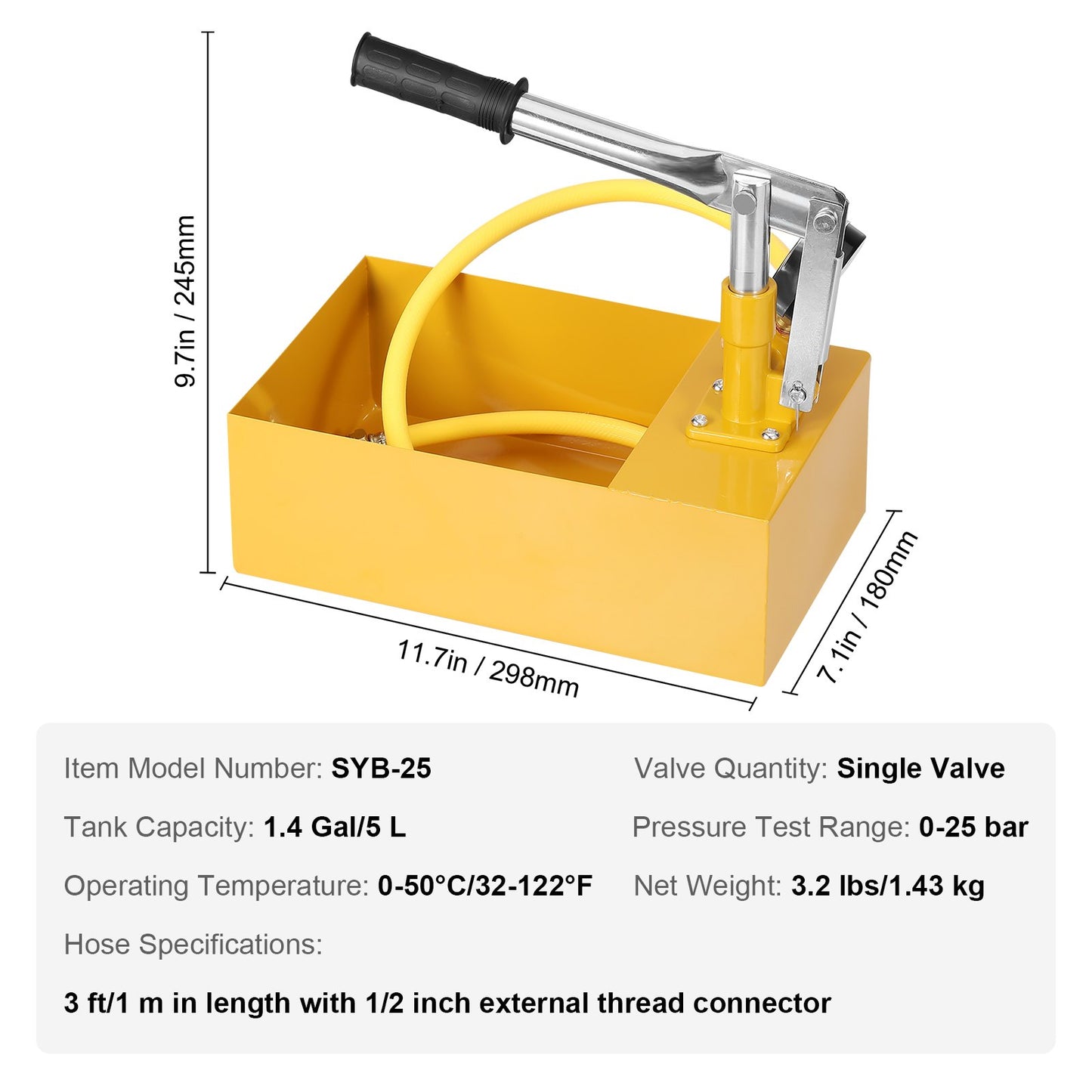 Hydrostatic test pump, max 25 bar/362 PSI, single valve hydraulic manual water pressure test kit with gauge 5 L water tank, 1 m hose with 1.27 cm external thread connection for pipeline