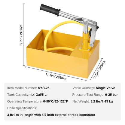 Hydrostatic test pump, max 25 bar/362 PSI, single valve hydraulic manual water pressure test kit with gauge 5 L water tank, 1 m hose with 1.27 cm external thread connection for pipeline