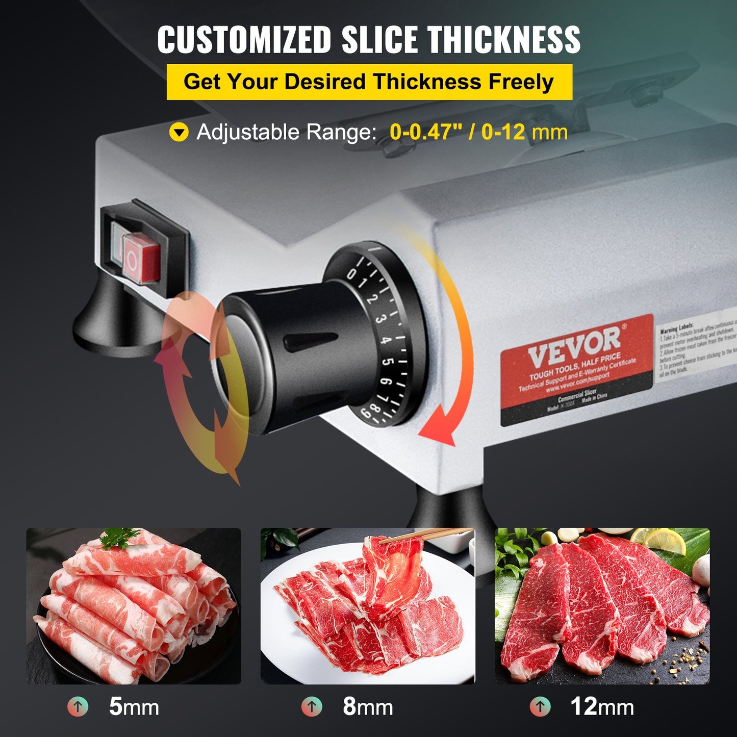 Kommersiell köttskärare, 240 W elektrisk Deli-matskärare, 10 tums kolstålblad Elektrisk matskärare, 350-400 rpm köttskärare, 0 - 0,47 tum justerbar tjocklek för kommersiellt och hemmabruk