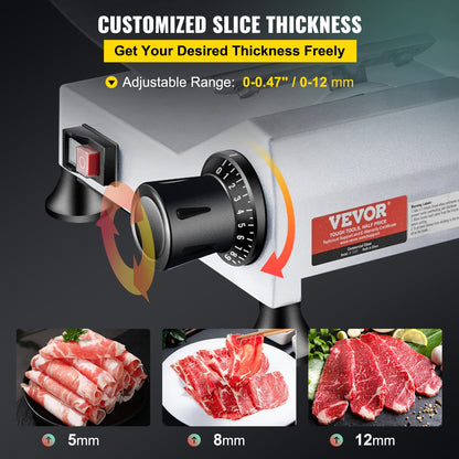 Kommersiell köttskärare, 240 W elektrisk Deli-matskärare, 10 tums kolstålblad Elektrisk matskärare, 350-400 rpm köttskärare, 0 - 0,47 tum justerbar tjocklek för kommersiellt och hemmabruk