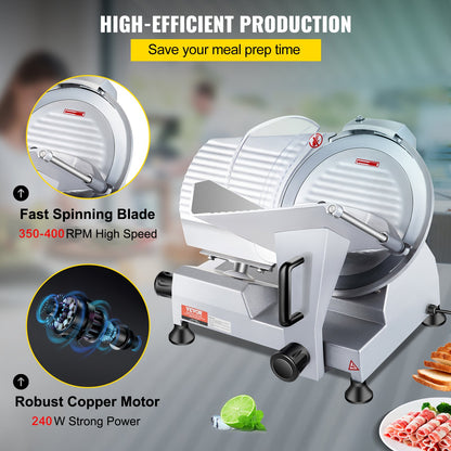 Kommersiell köttskärare, 240 W elektrisk Deli-matskärare, 10 tums kolstålblad Elektrisk matskärare, 350-400 rpm köttskärare, 0 - 0,47 tum justerbar tjocklek för kommersiellt och hemmabruk