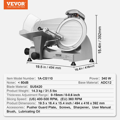 Meat Slicer, 340W Electric Deli Food Slicer with 10" SUS420 Stainless Steel Blade and Built-in Grindstone, 0-0.6 Inch Adjustable Thickness for Commercial and Home Use, Slice Meat and Cheese