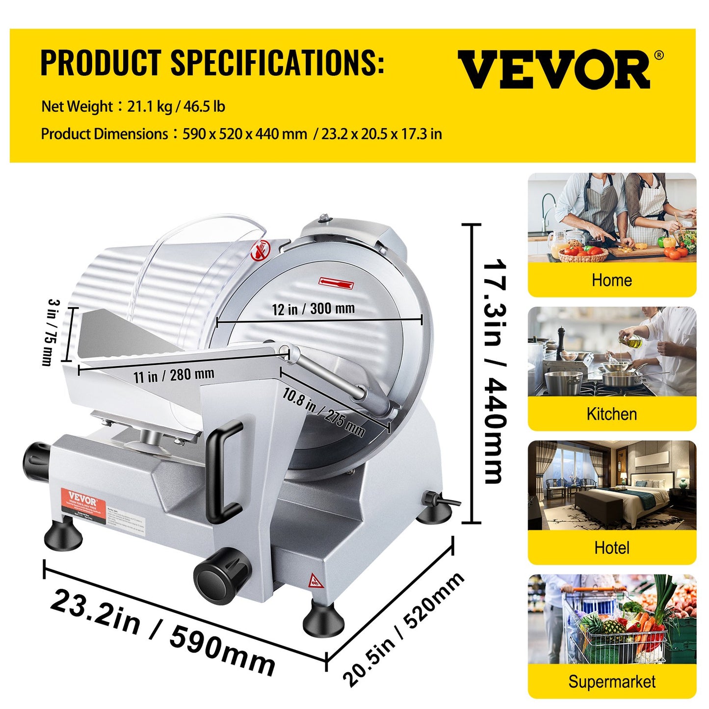 Kommersiell köttskärare, 320 W elektrisk Deli-matskärare, 12 tums kolstålblad Elektrisk matskärare, 350-400 RPM Köttskärare, 0-0,6 tum justerbar tjocklek för kött, ost, grönsaker, skinka