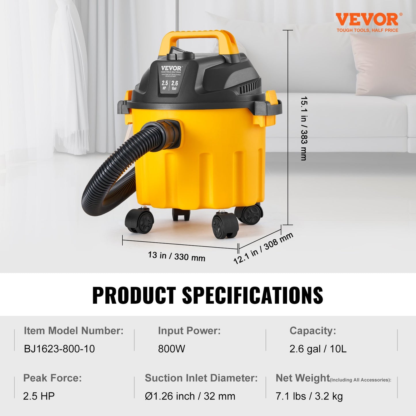 Wet/Dry Shop Vacuum Vac 10L 2 Peak HP med munstyckesrika tillbehör Gul