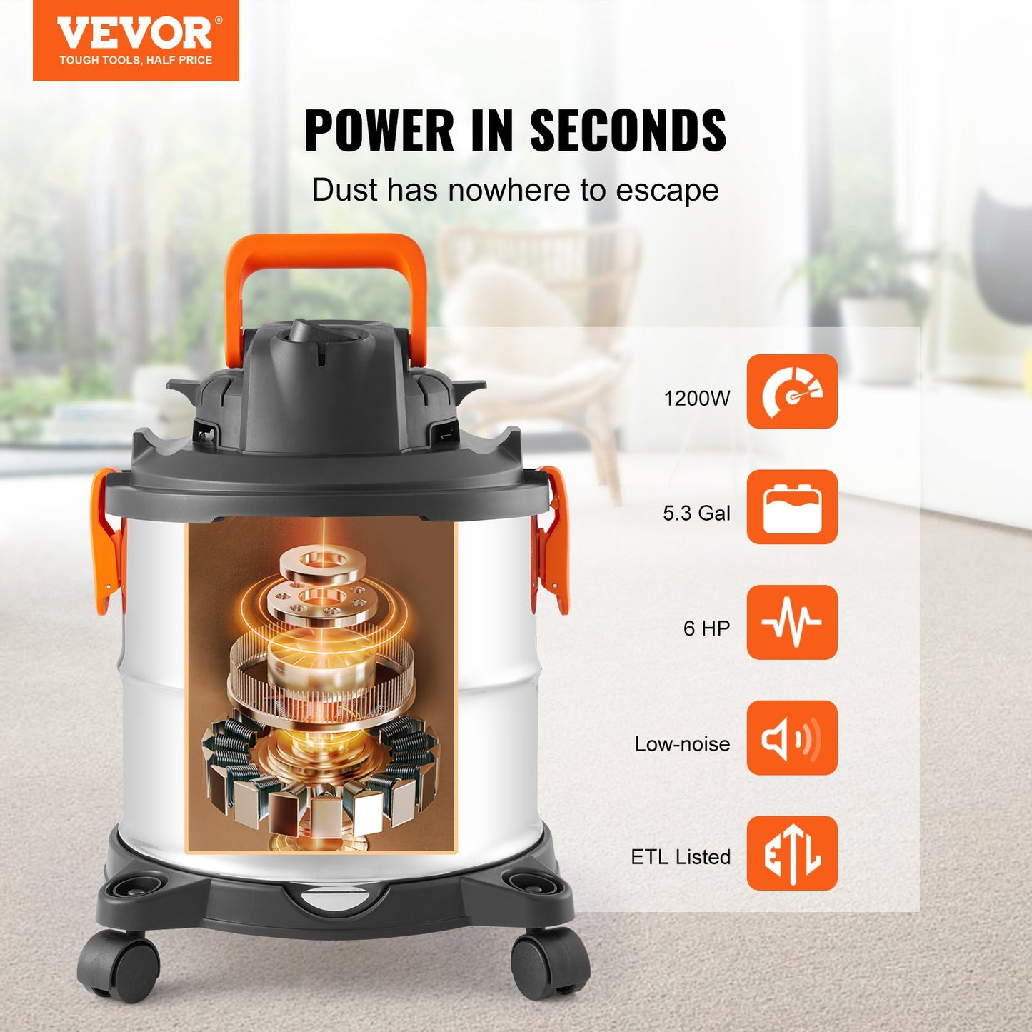 Wet/Dry Shop Vacuum Vac 20L 6 Peak HP med munstycke Rostfritt stål Silver