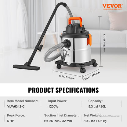 Wet/Dry Shop Vacuum Vac 20L 6 Peak HP med munstycke Rostfritt stål Silver
