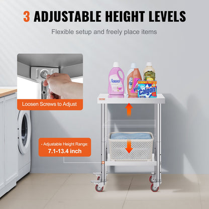 Rostfritt stål Catering Arbetsbord 12x24 tum Kommersiellt arbetsbord med 4 hjul Kommersiell matförberedande arbetsbänk med flexibel justering Hylla för köksförberedande bord