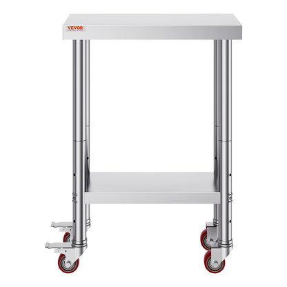 Rostfritt stål Catering Arbetsbord 12x24 tum Kommersiellt arbetsbord med 4 hjul Kommersiell matförberedande arbetsbänk med flexibel justering Hylla för köksförberedande bord