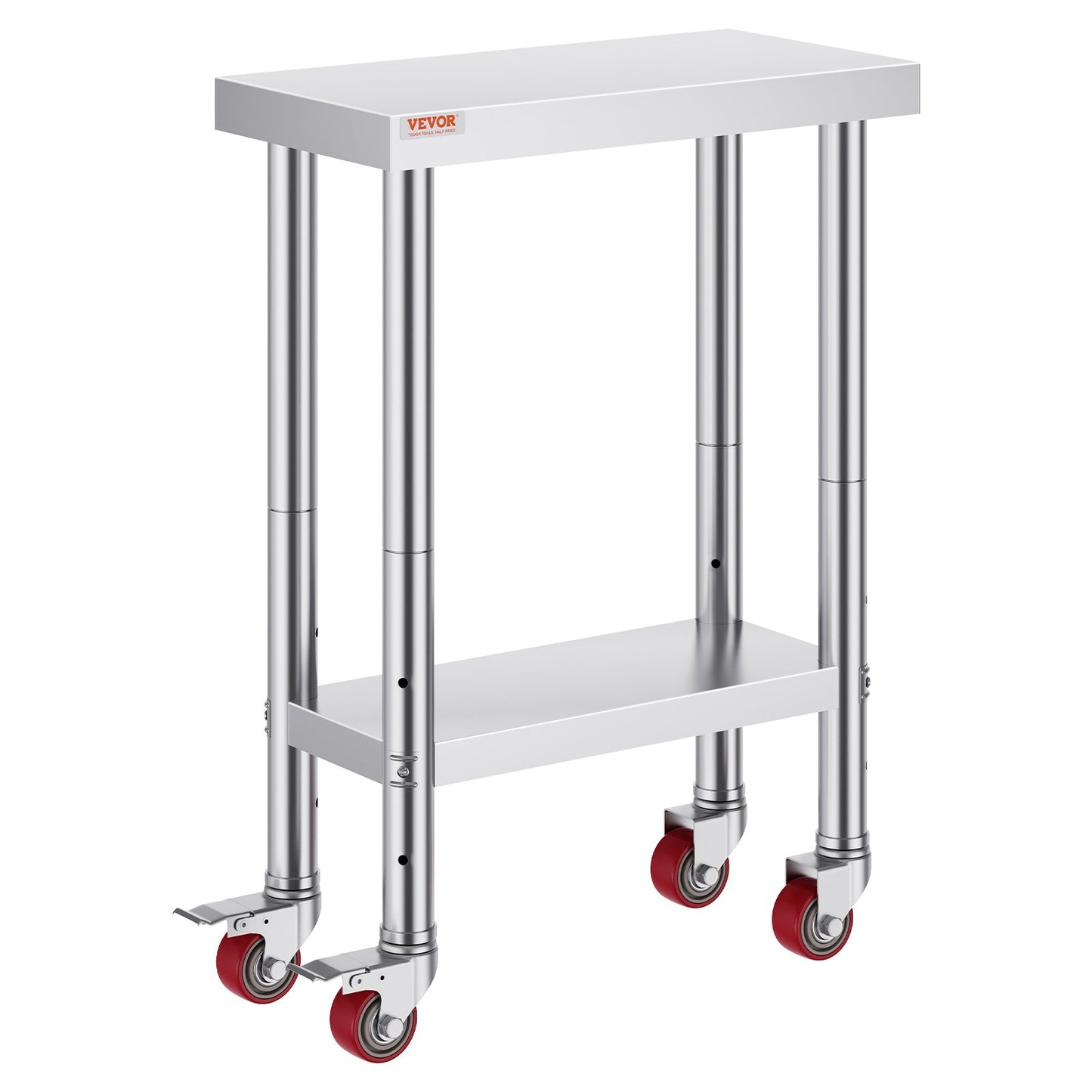 Rostfritt stål Catering Arbetsbord 12x24 tum Kommersiellt arbetsbord med 4 hjul Kommersiell matförberedande arbetsbänk med flexibel justering Hylla för köksförberedande bord
