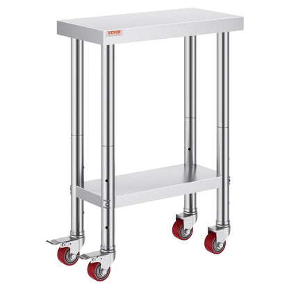 Rostfritt stål Catering Arbetsbord 12x24 tum Kommersiellt arbetsbord med 4 hjul Kommersiell matförberedande arbetsbänk med flexibel justering Hylla för köksförberedande bord