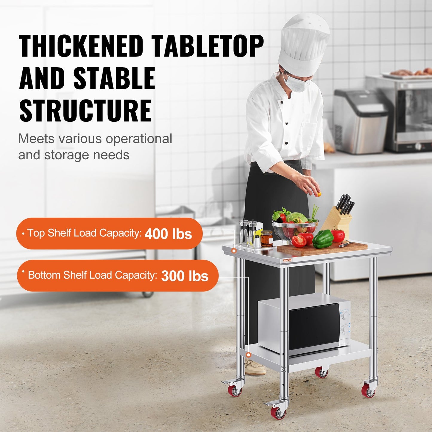 Rostfritt stål Catering Arbetsbord 30x24 tum Kommersiellt arbetsbord med 4 hjul Kommersiell matberedningsarbetsbänk med flexibel justering Hylla för köksbord