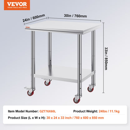 Rostfritt stål Catering Arbetsbord 30x24 tum Kommersiellt arbetsbord med 4 hjul Kommersiell matberedningsarbetsbänk med flexibel justering Hylla för köksbord