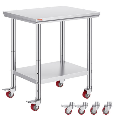Rostfritt stål Catering Arbetsbord 30x24 tum Kommersiellt arbetsbord med 4 hjul Kommersiell matberedningsarbetsbänk med flexibel justering Hylla för köksbord