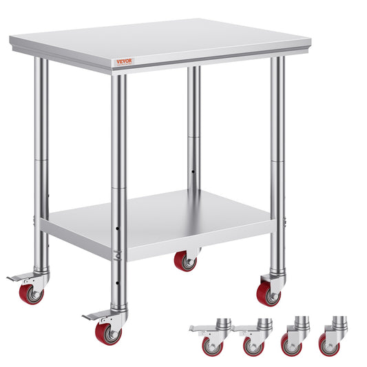 Rostfritt stål Catering Arbetsbord 30x24 tum Kommersiellt arbetsbord med 4 hjul Kommersiell matberedningsarbetsbänk med flexibel justering Hylla för köksbord