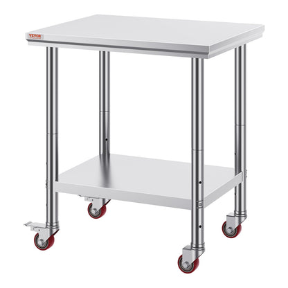 Rostfritt stål Catering Arbetsbord 30x24 tum Kommersiellt arbetsbord med 4 hjul Kommersiell matberedningsarbetsbänk med flexibel justering Hylla för köksbord