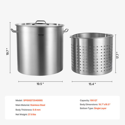 100QT Stockpot i rostfritt stål Matlagning Köksåsgryta med korglock