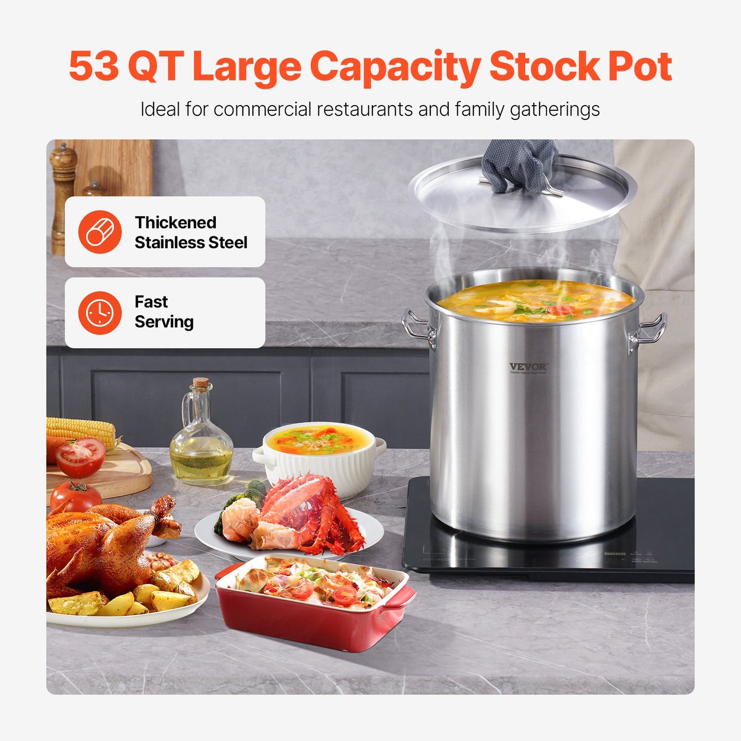 53QT Rostfritt stål Stockpot Matlagning Kökssåsgryta med lockhandtag